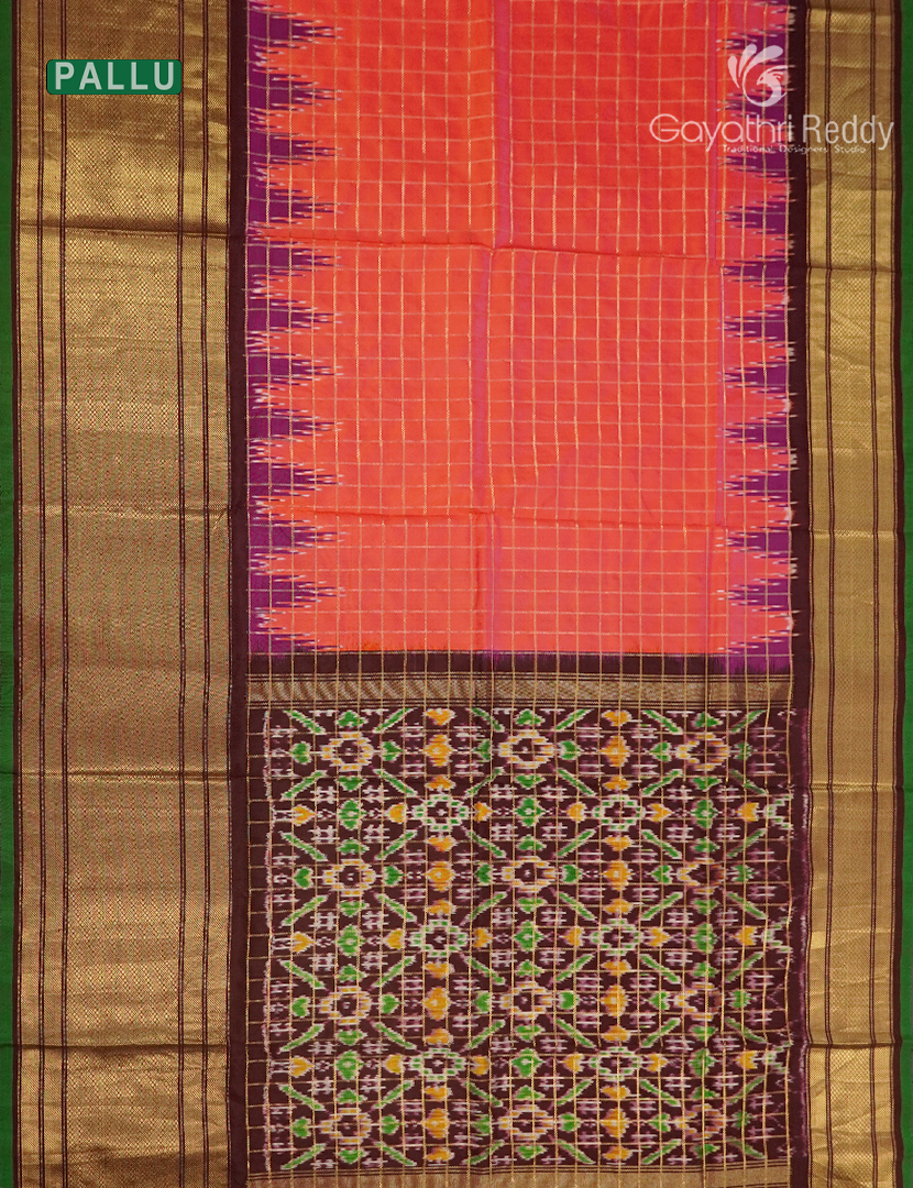 Pure Ikat Silk Saree in Peachish Orange and Brown
