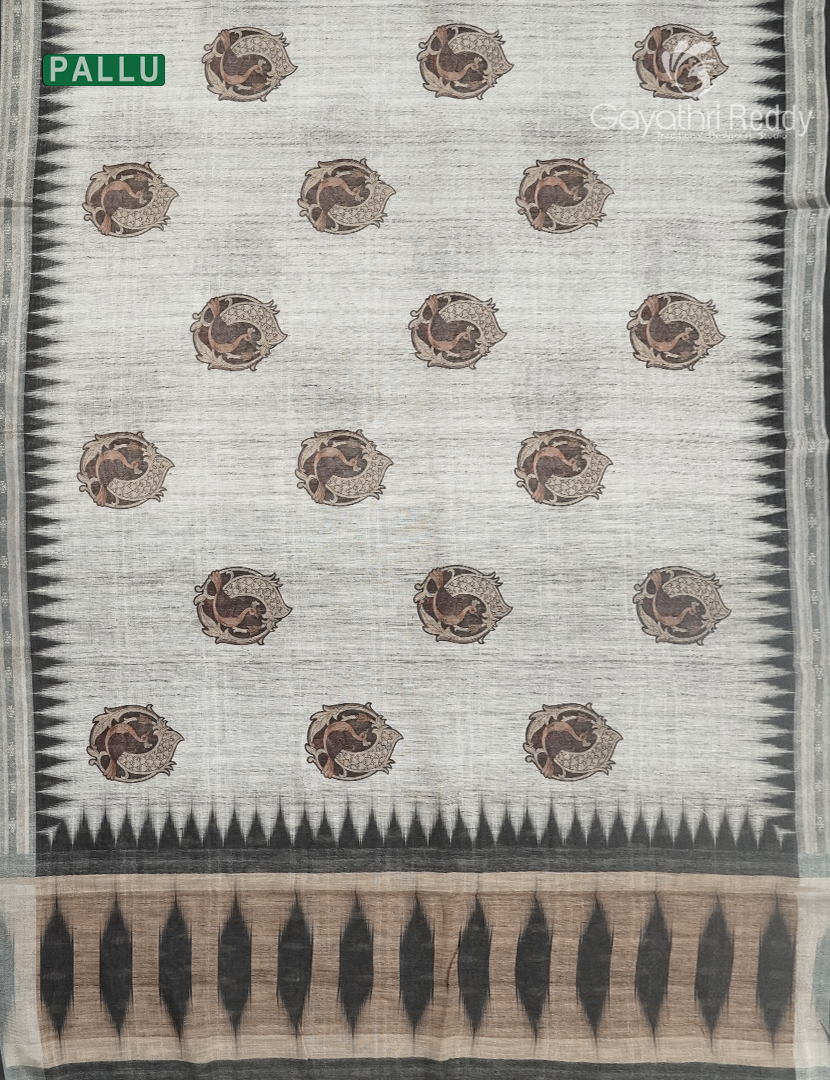 Linen Silk Saree in Cream and black