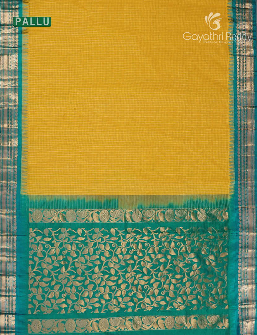 Pure Gadwal Cotton Saree in Sunflower Yellow and Deep Rama Green