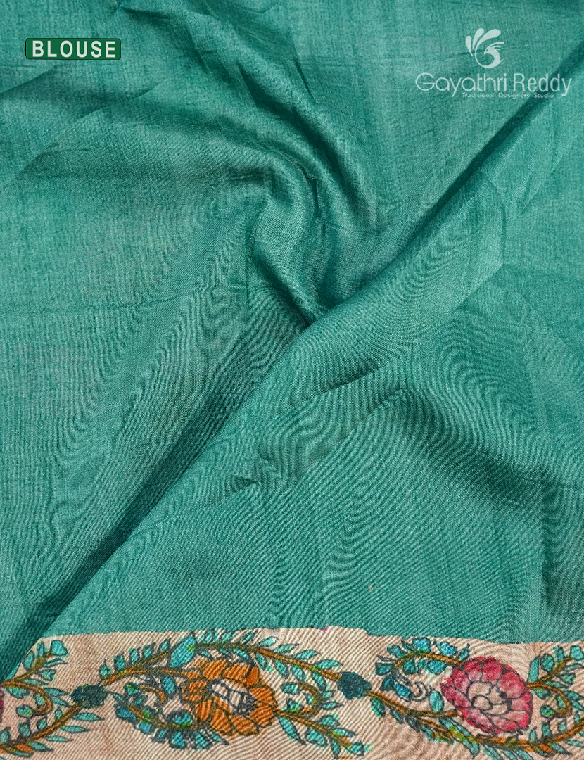 Semi Tussar Silk Saree in Deep Dry Mehendi and Sea Foam Green
