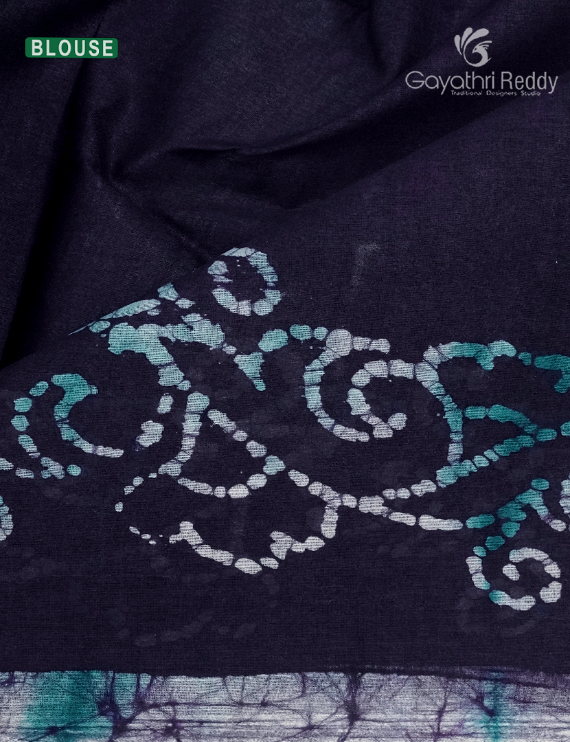 Cotton Batik Print Saree in Navy blue and Sea Blue