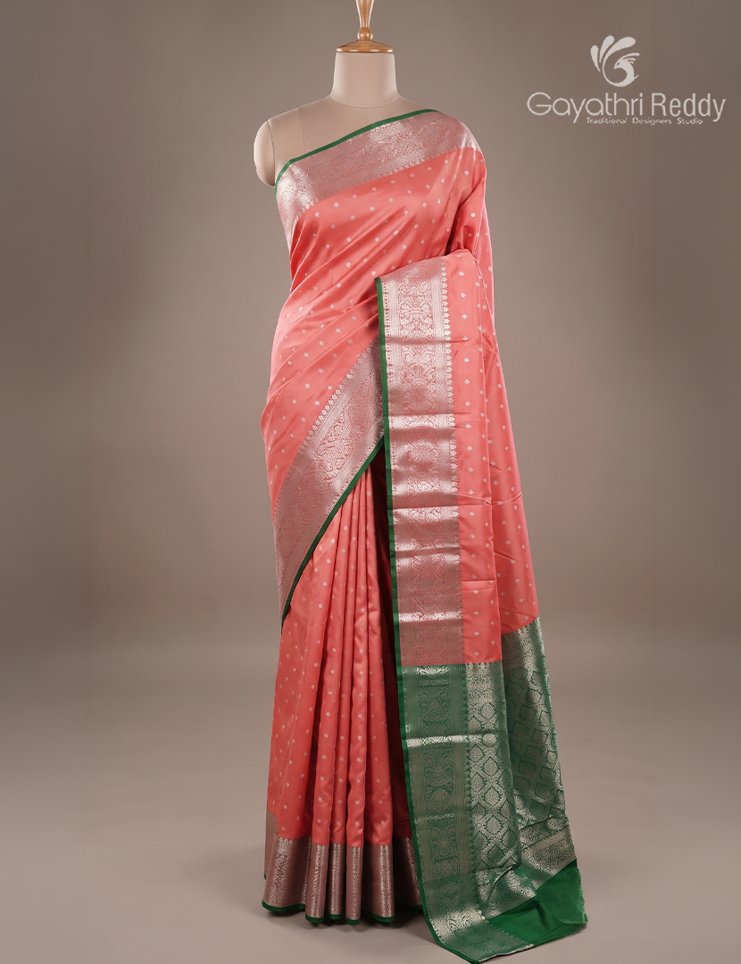 Semi Banaras Katan Silk Saree in Peach and Green