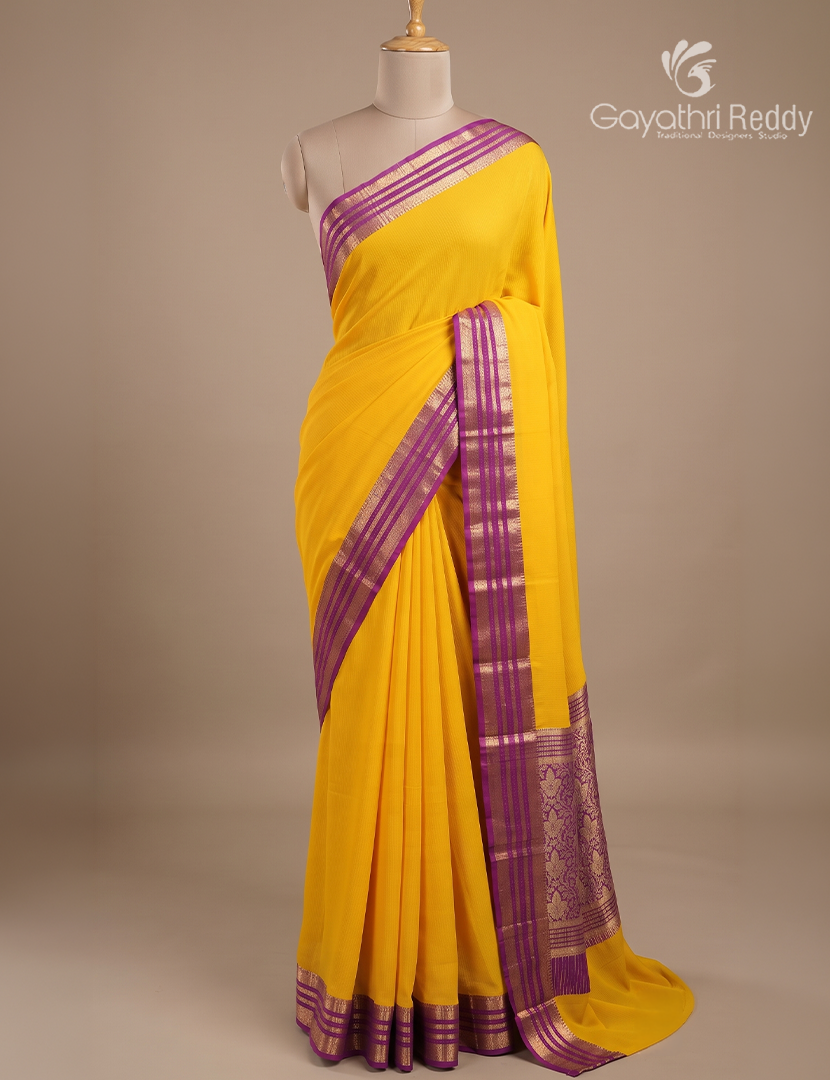 Semi Mysore Crepe Saree in Mango Yellow and Deep Jamun