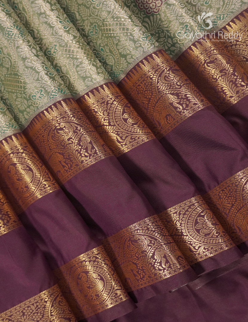 Semi Kanchipuram Silk Saree in Sea Grey and Wine