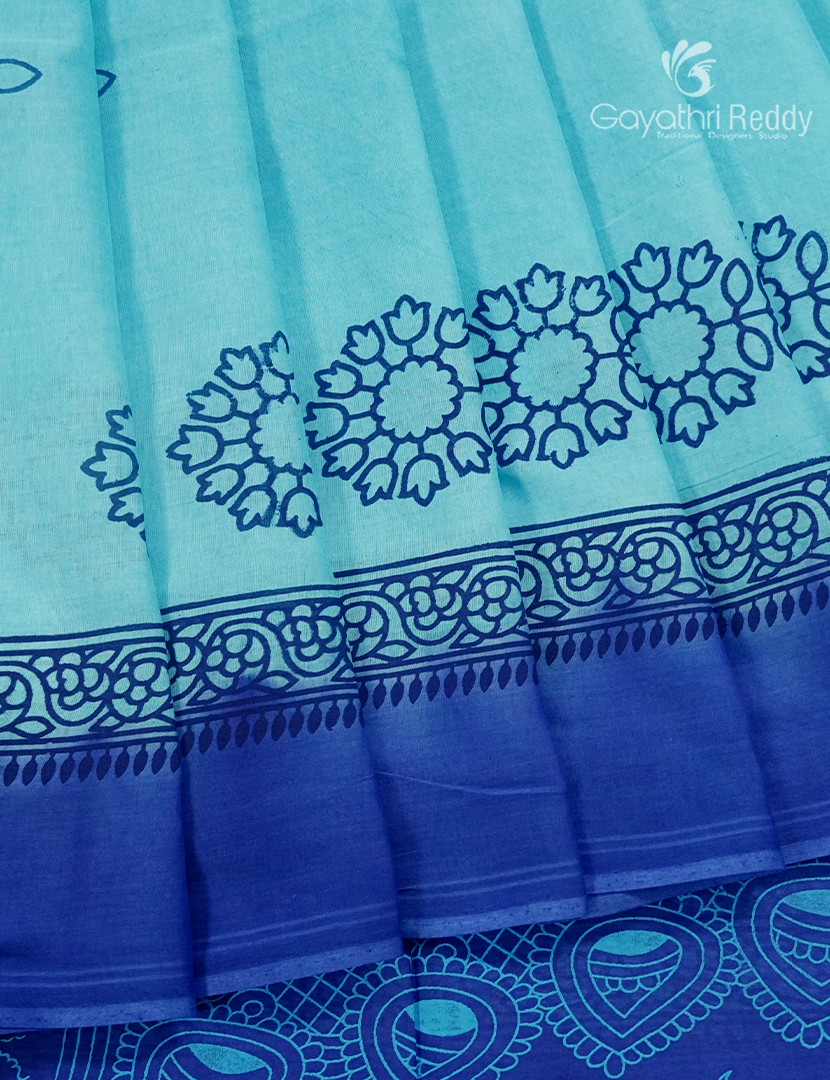 Pure MulMul Cotton Saree in AquaBlue and Royal Blue