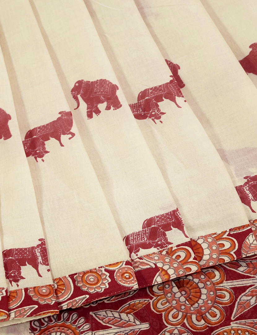 Pure MulMul Cotton Saree in Cream and Maroon Red