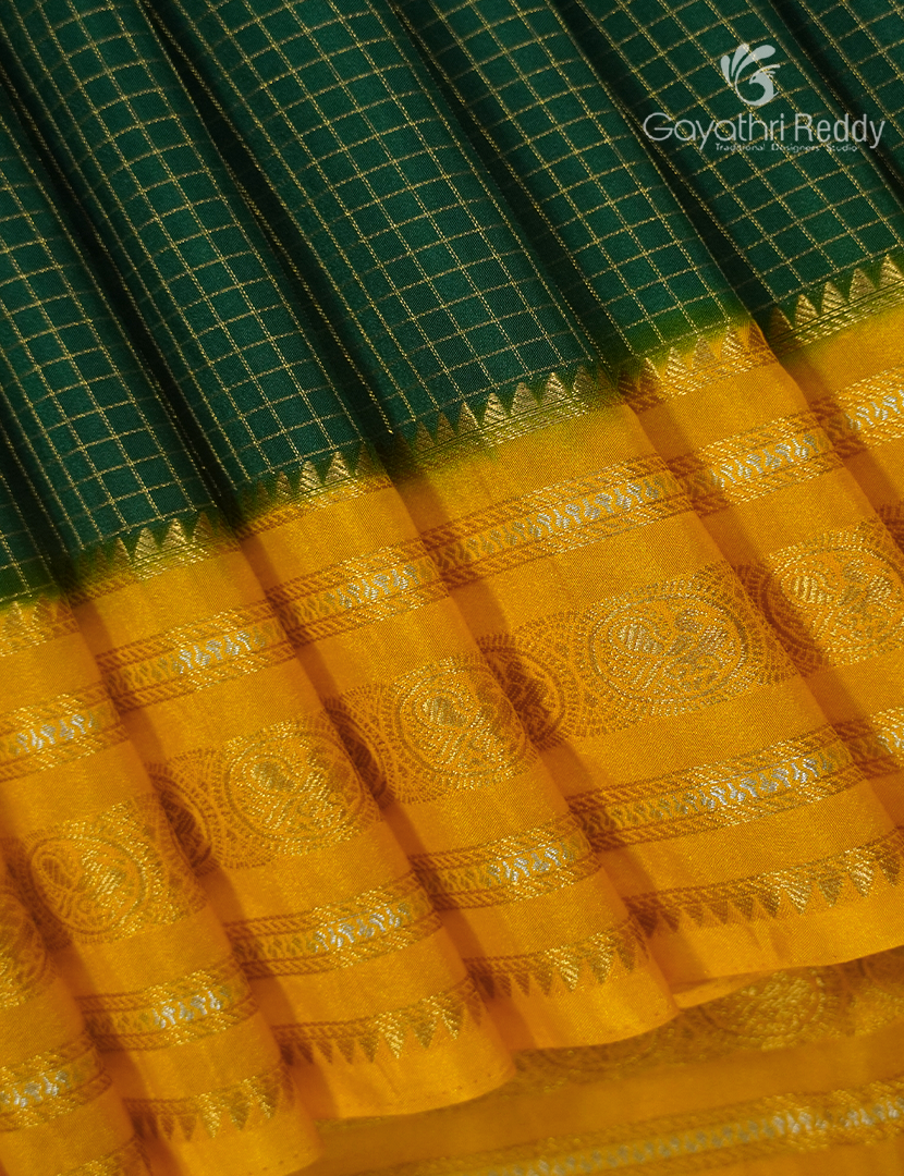 Semi Mysore Crepe Saree in Bottle Green and Yellow