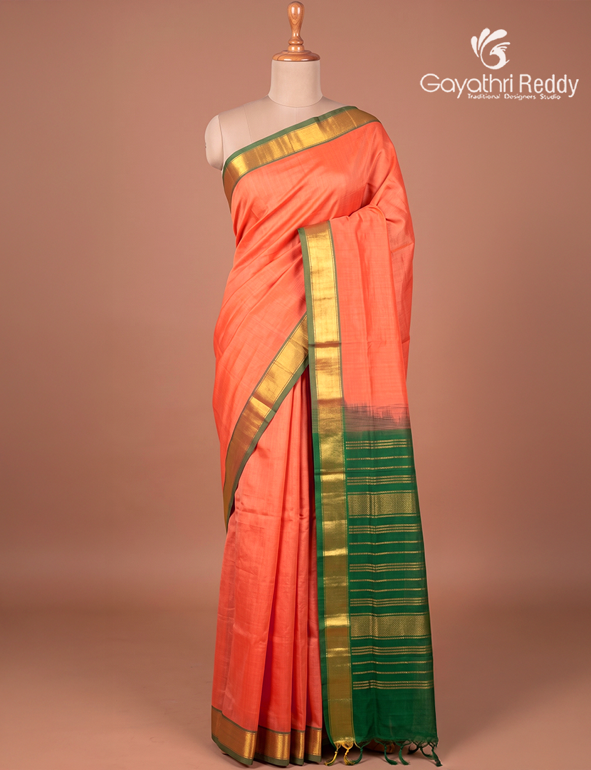 Pure Arani Sico Saree in Peach and Mango Green