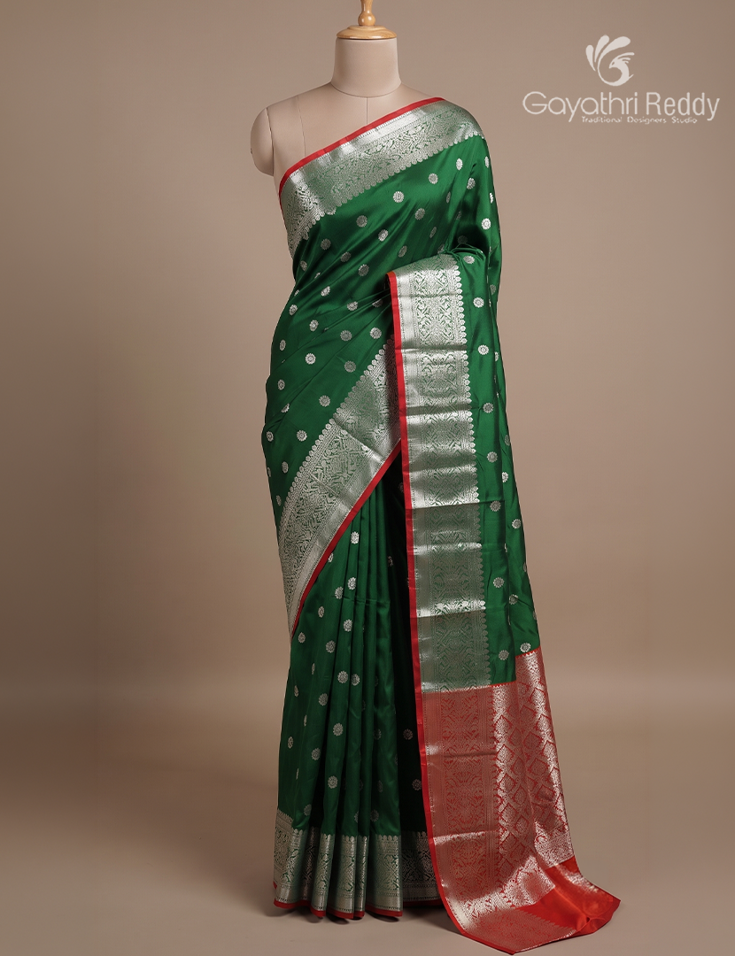 Semi Banaras Katan Silk Saree in Bottle Green and Red