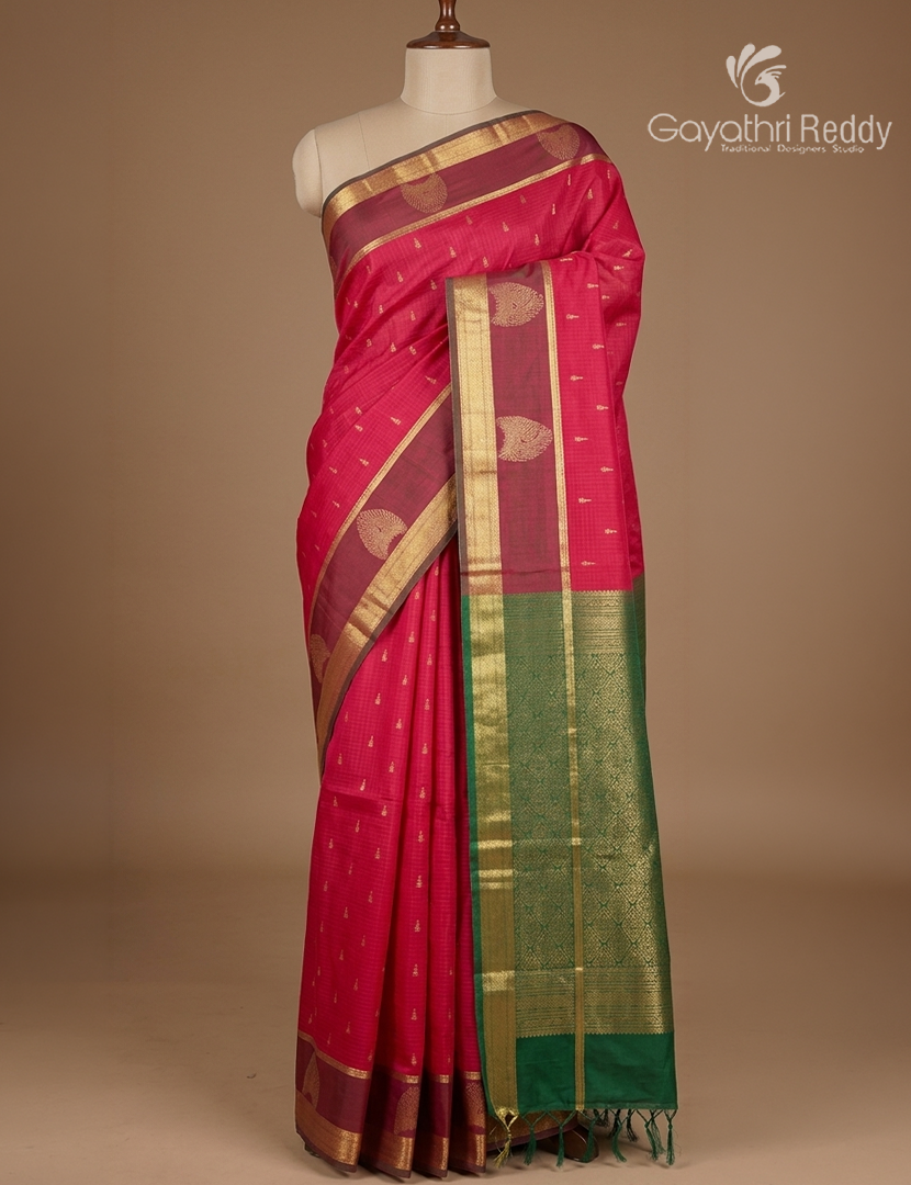 Kanchipuram Sico Saree in Rani Pink and Green