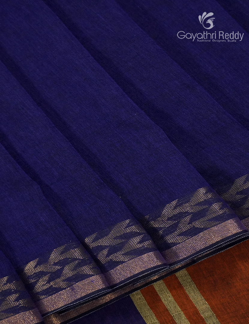 Jamdani Cotton Saree in Deep Blue and Deep Rust