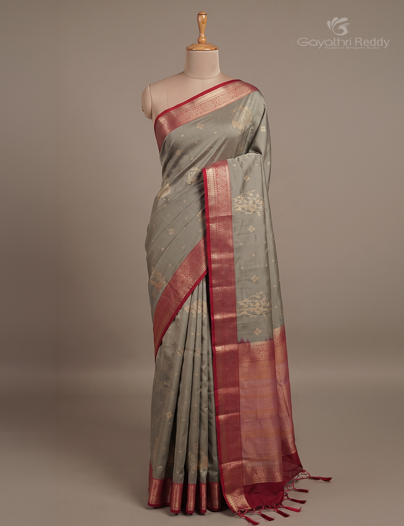 Soft Silk Saree in Grey and Maroon