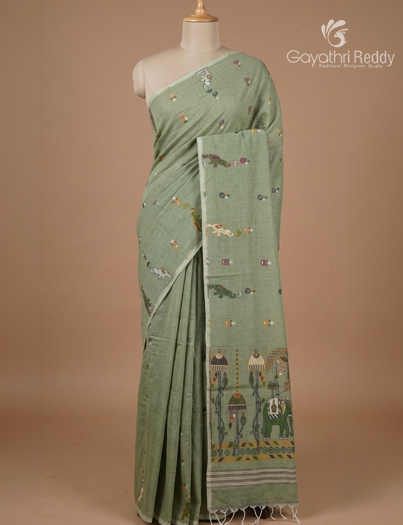 Jamdani Cotton Saree in Olive Green