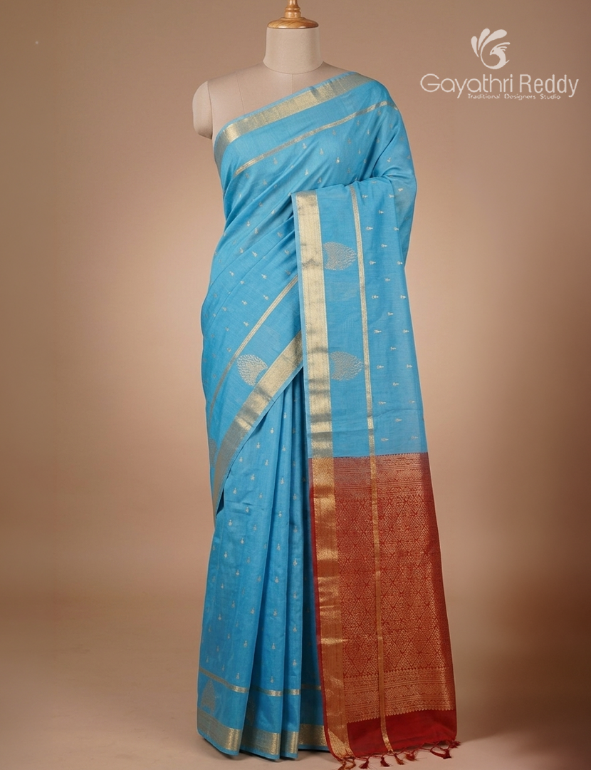 Kanchipuram Sico Saree in Cloud Blue and Red