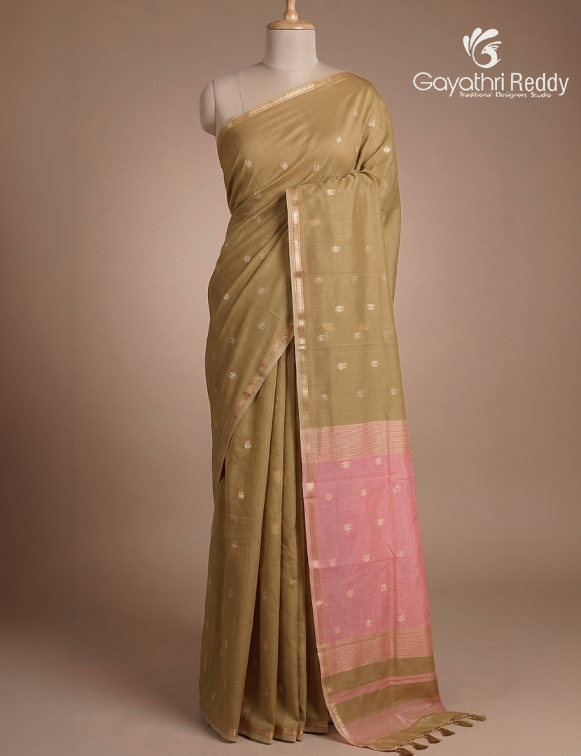 Kanchipuram Sico Saree in Pastel Khakhi Green and Baby Pink