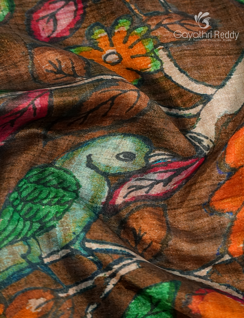 Semi Tussar Silk Saree in Deep Dry Mehendi and Sea Foam Green