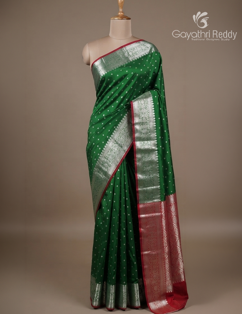 Semi Banaras Katan Silk Saree in Bottel Green and Orange  Re