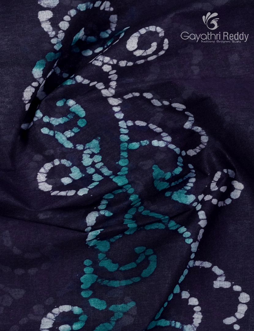 Cotton Batik Print Saree in Navy blue and Sea Blue
