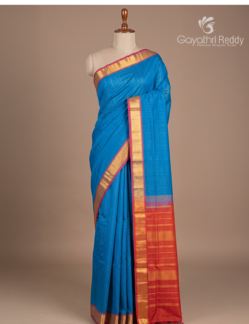 Pure Arani Sico Saree in Deep Cloud blue and Pinkish Red