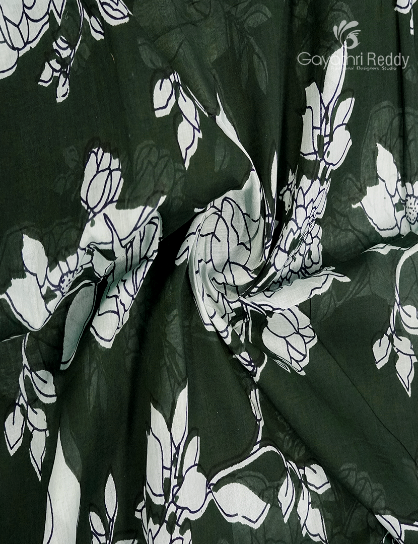 Pure MulMul Cotton Saree in Deep Olive Green and Black