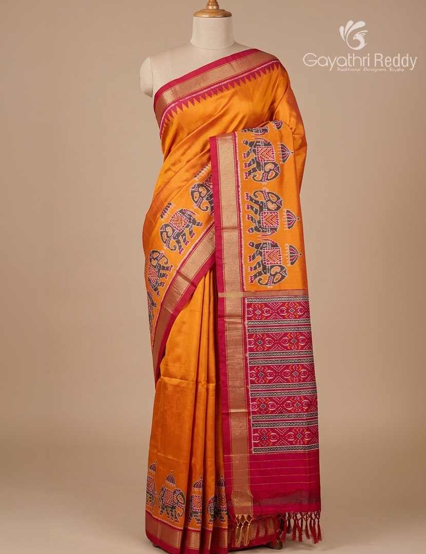 Pure Ikat Silk Saree in Orange and Pink