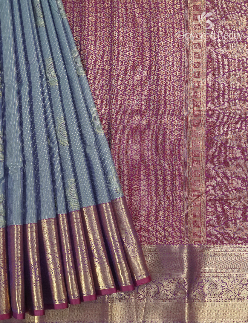 Semi Kanchipuram Silk Saree in Ash Grey and Deep Magenta