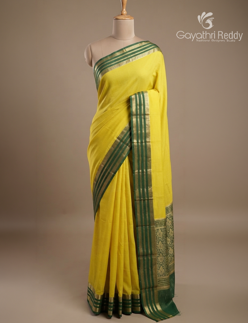 Semi Mysore Crepe Saree in Lime Yellow and Bottle Green