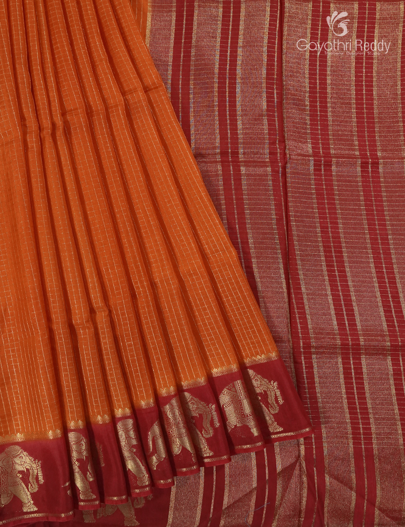Semi Mysore Crepe Saree in Orange and Deep Red