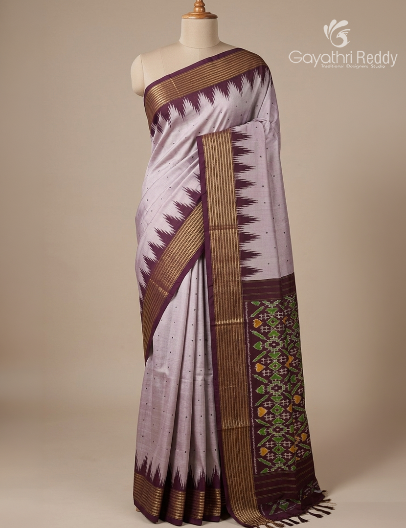 Pure Ikat Silk Saree in Light Beige and Deep Brown