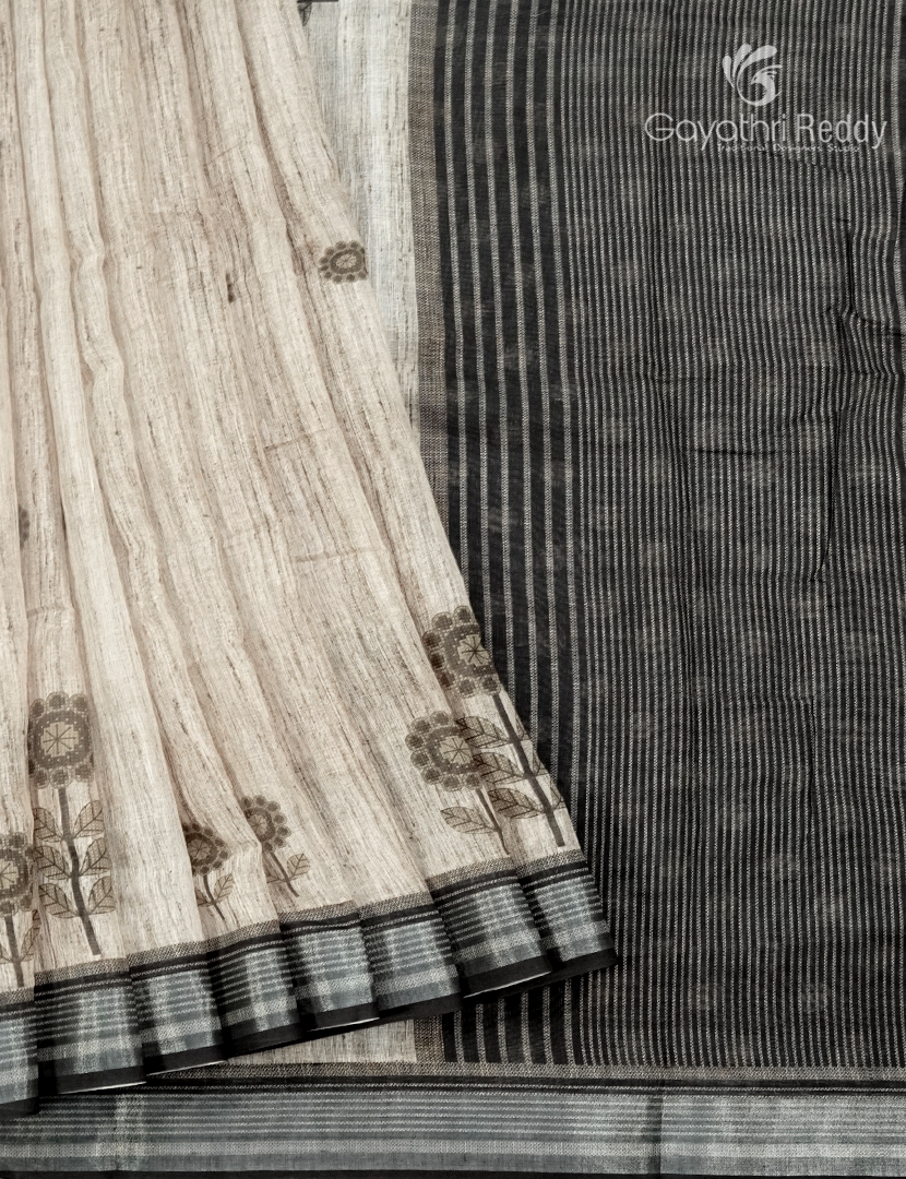 Linen Silk Saree in Cream and Black