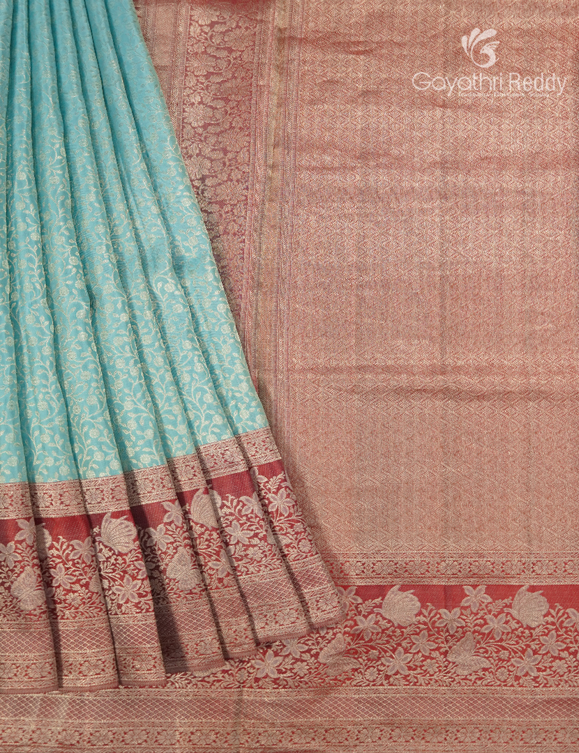Pure Kanchipuram Bridal  Silk  Saree in Sea Blue and Red