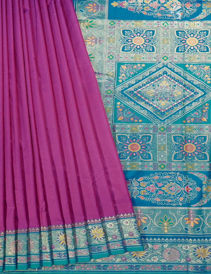 Semi Kanchipuran Silk Saree in Magenta Pink and Rama Blue