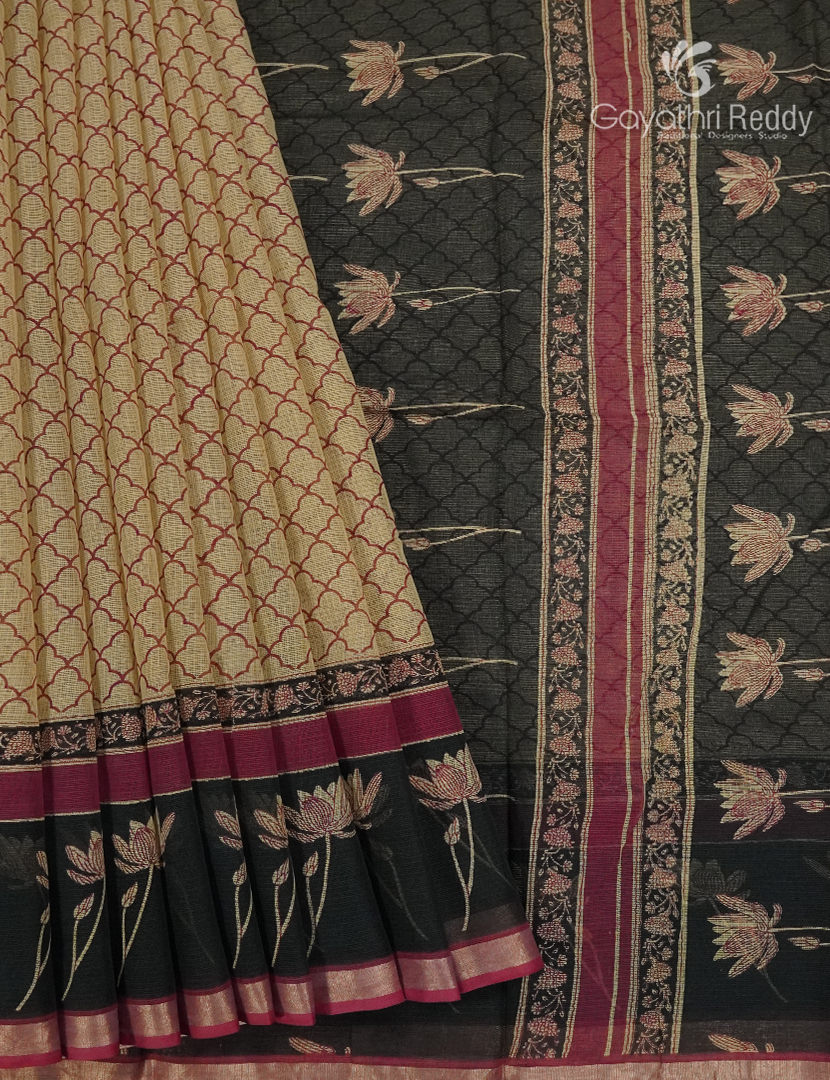 Premium Quality Cotton Kota Saree in Beige and Black