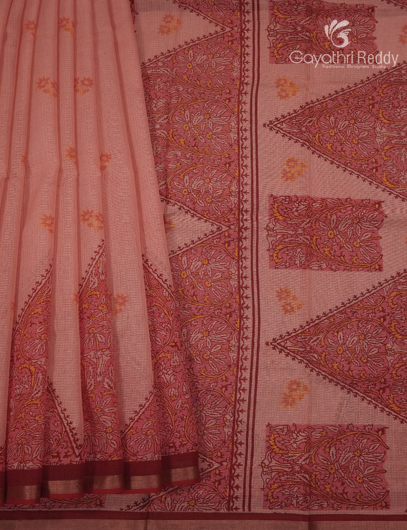 Premium Quality Cotton Kota Saree in Light Peach and Maroon