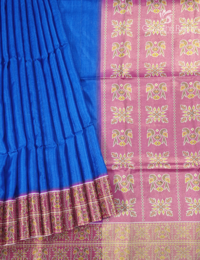 Semi Tussar Saree in Cobalt Blue and Pink