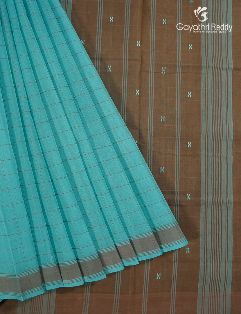 Pure Kanchi Cotton Saree in Sky Blue and Brown