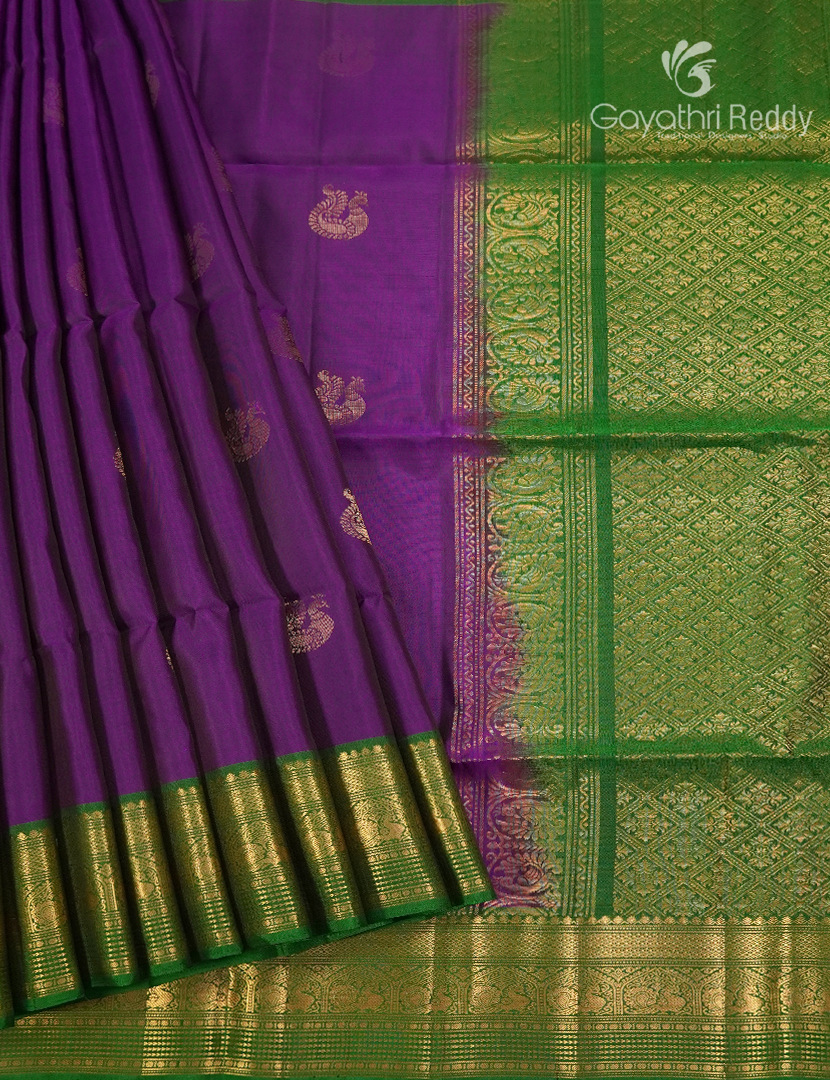 Pure Kanchipuram Soft Silk Saree in Purple and Parrot Green