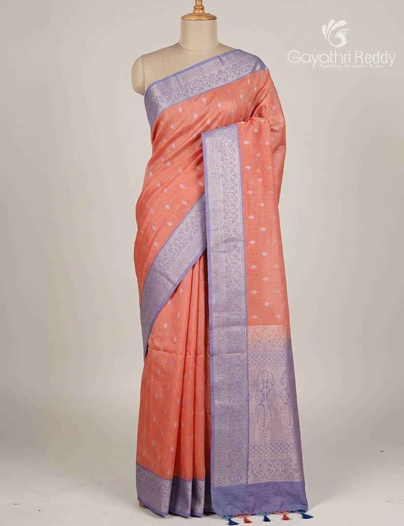 Kanchipuram Sico Saree in Peach and Grey