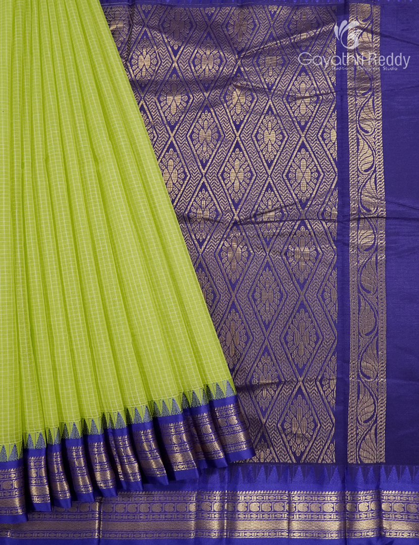 Pure Gadwal Cotton Saree in Parrot Green and Deep Blue