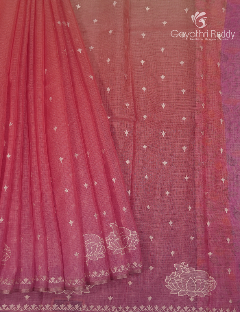 Silk Kota Saree in Orange and Peach Pink