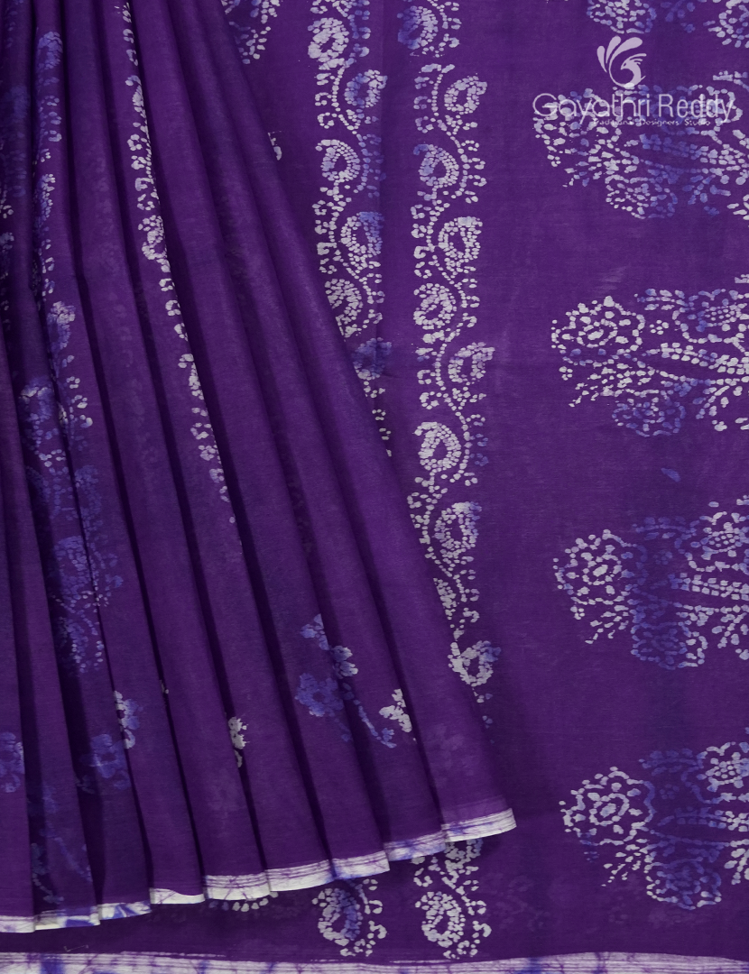 Cotton Batik Print Saree in Purple