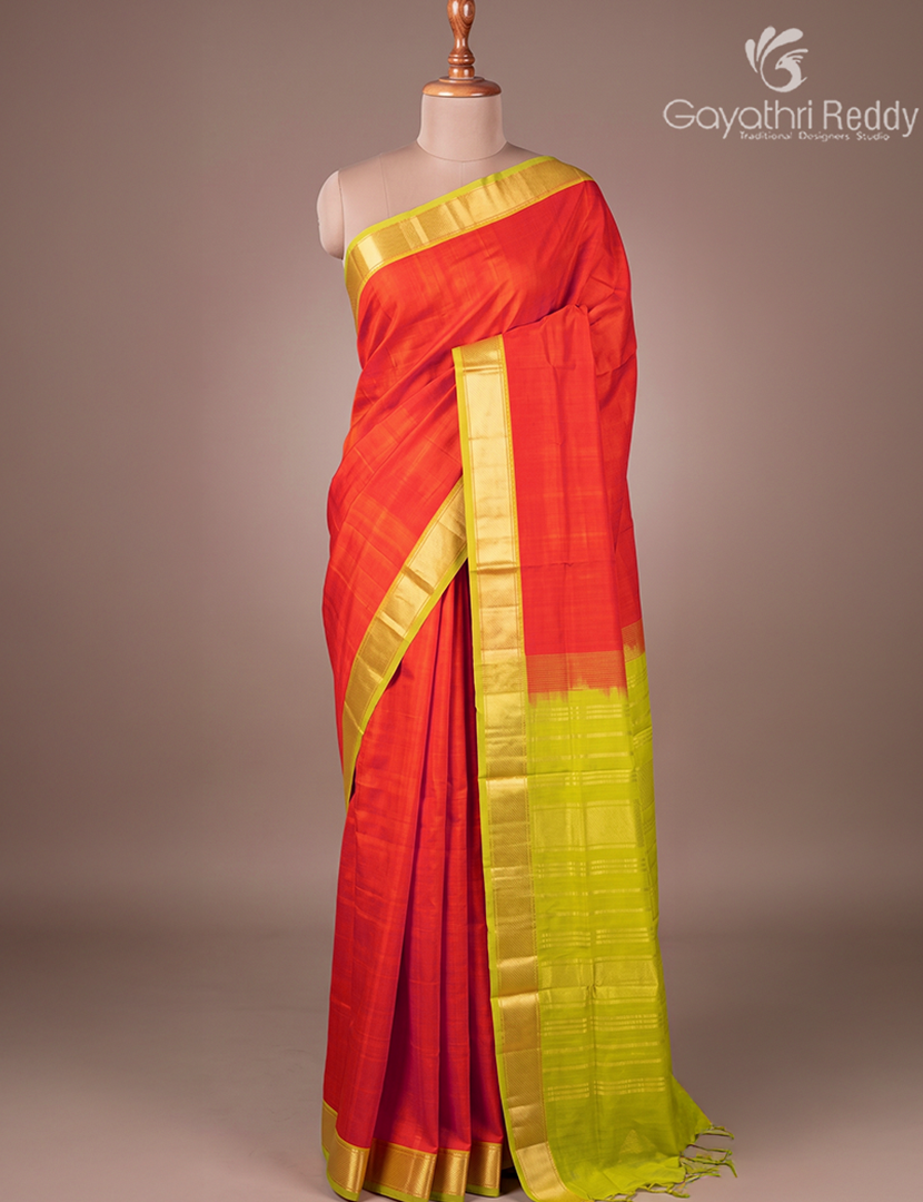 Pure Arani Sico Saree in Red and Apple Green