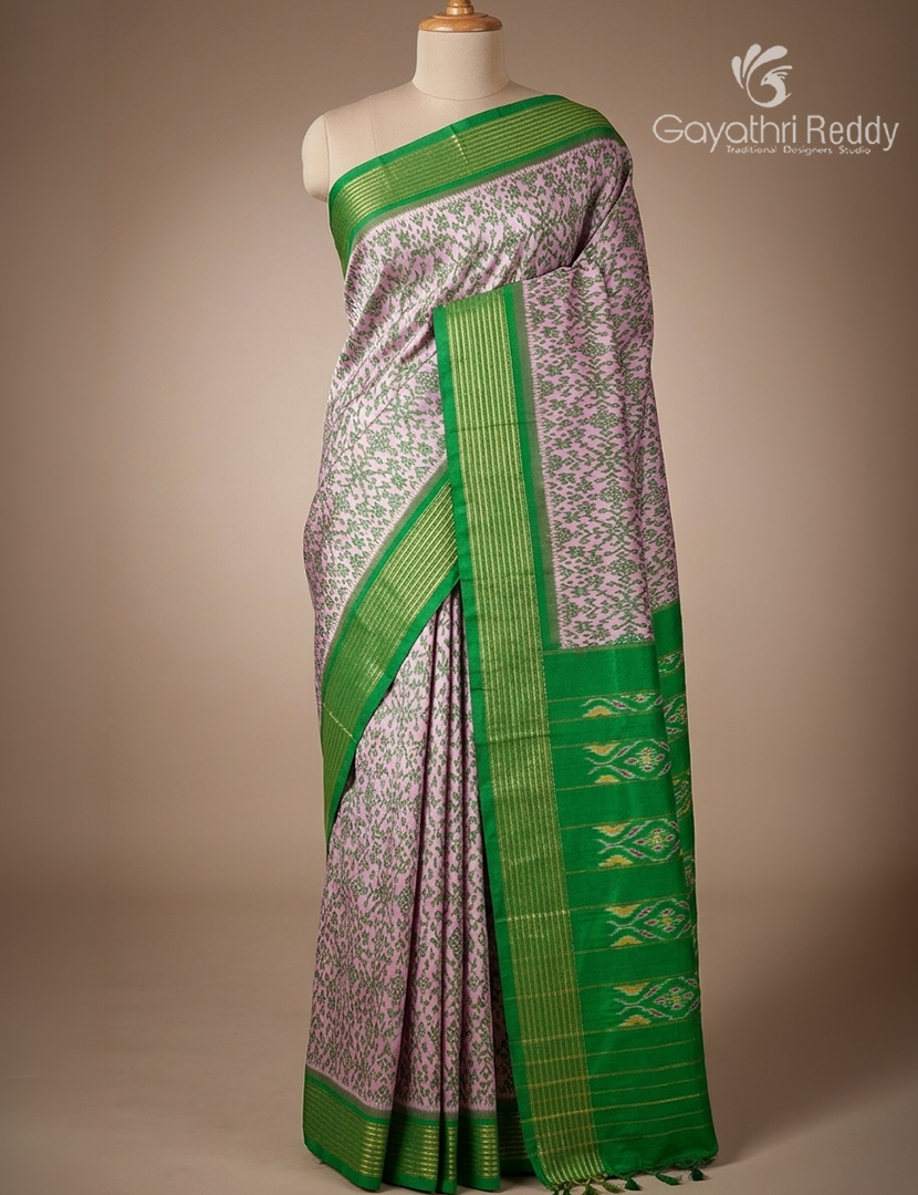 Pure Ikat Silk Saree in Onion Peach and Green