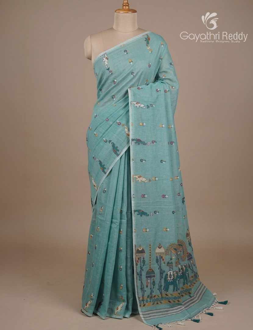 Jamdani Cotton Saree in Teal Blue