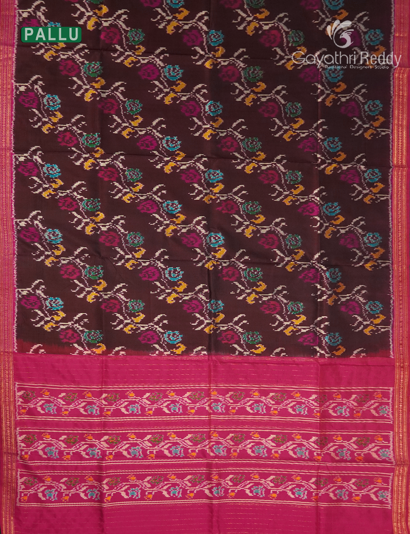 Pure Ikat Silk Saree in Deep Brown and Pink