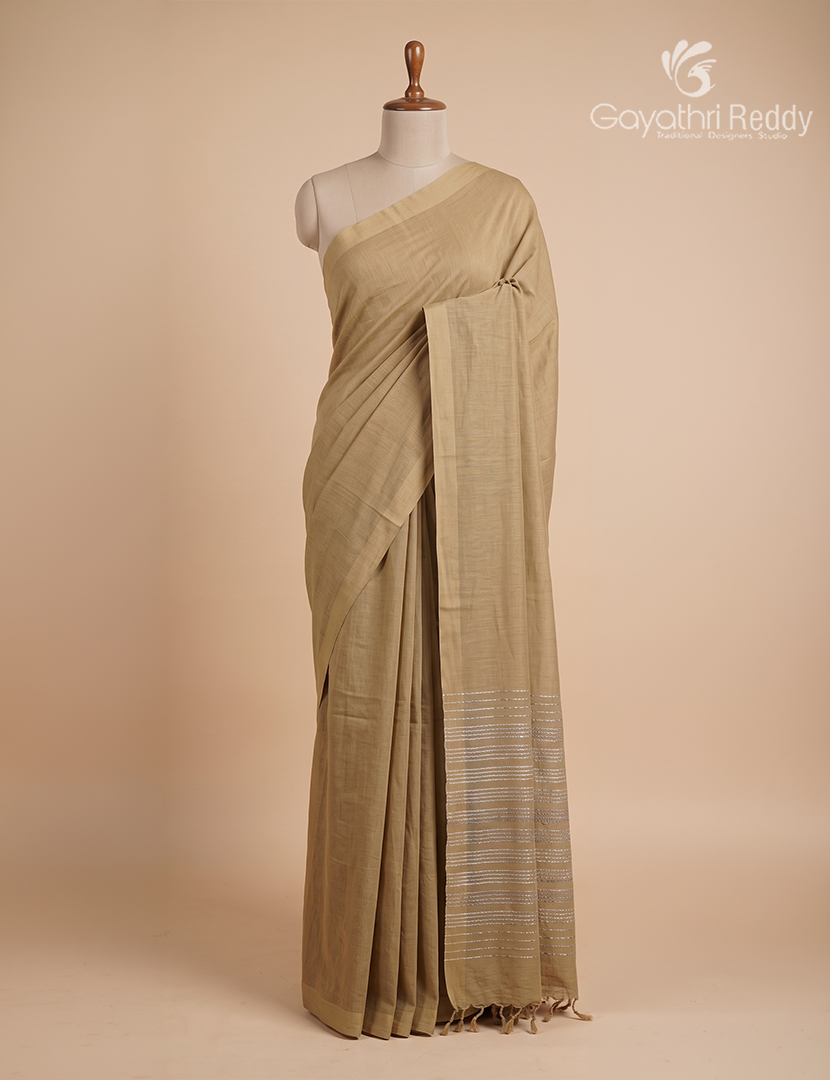 Pure Handloom Cotton Saree in Khakhi Green