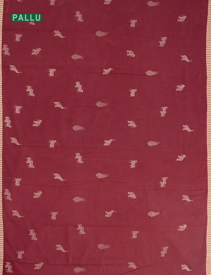 Pure MulMul Cotton Saree in Maroon Red and Beige