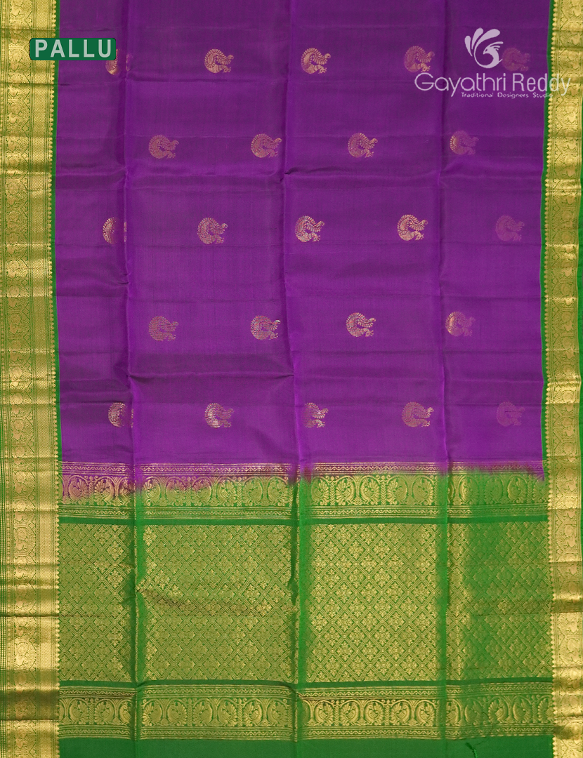 Pure Kanchipuram Soft Silk Saree in Purple and Parrot Green