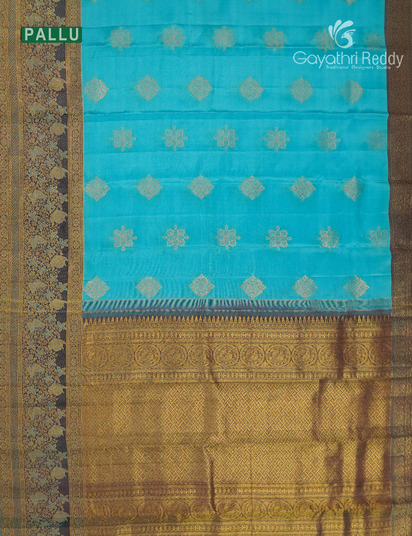 Pure  Kanchipuram Silk Saree in Blue and Peacock Blue ( Butta Pattern )