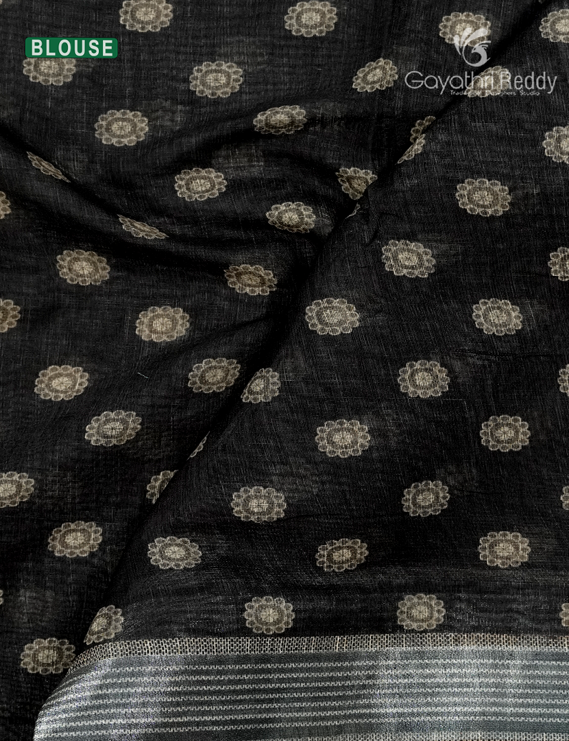 Linen Silk Saree in Cream and Black